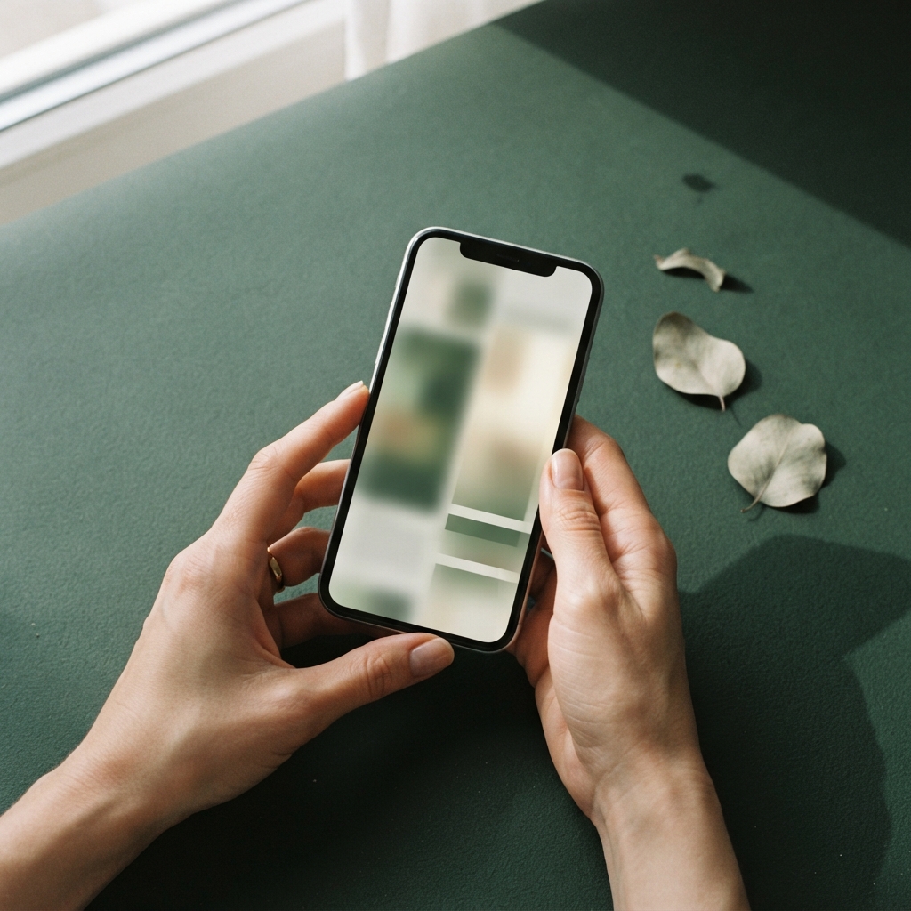 Hands hold a vertically oriented smartphone over a green table with scattered dried leaves.